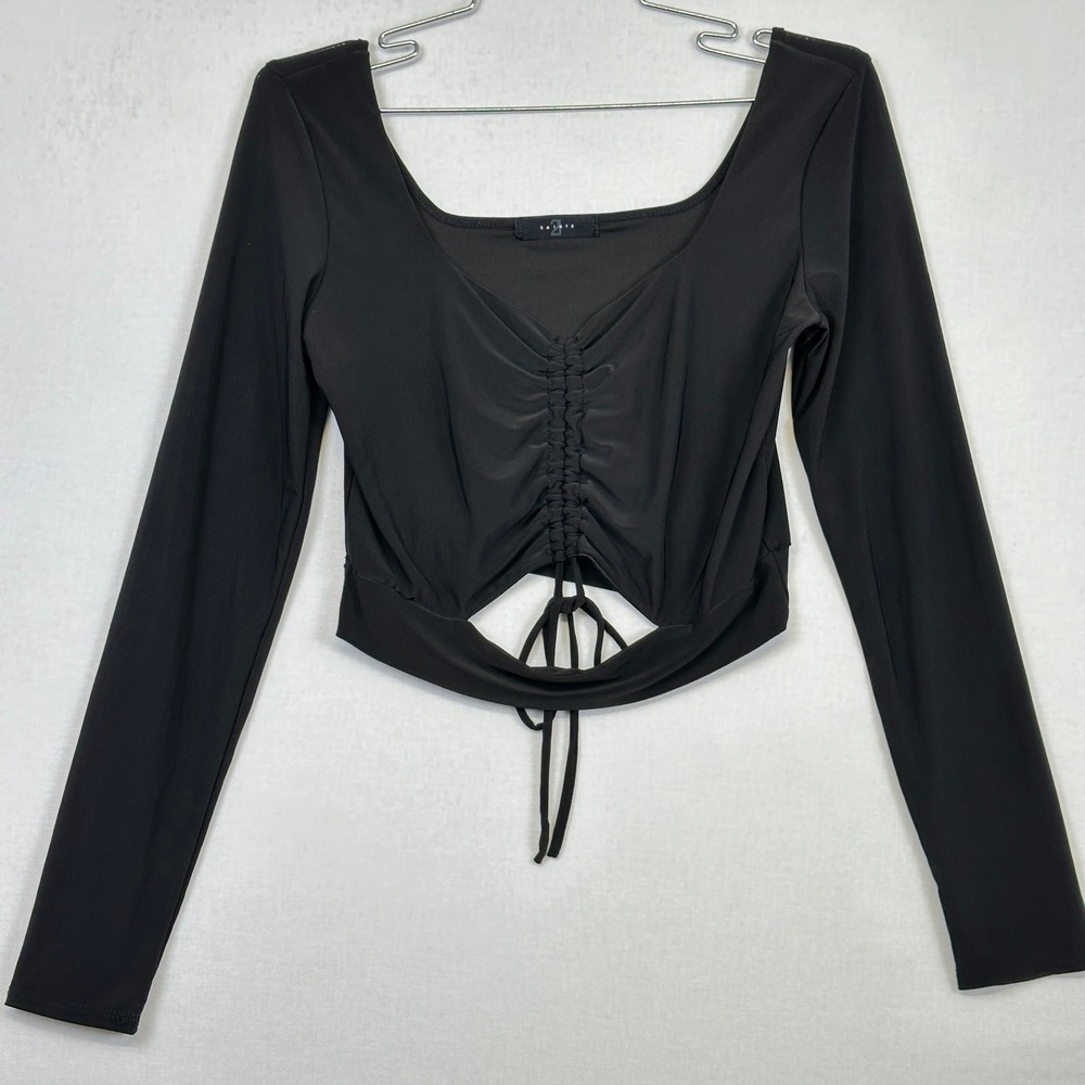 21 Saints Ruched Crop Top Black Women's S/M Long‎ Sleeve Cutout